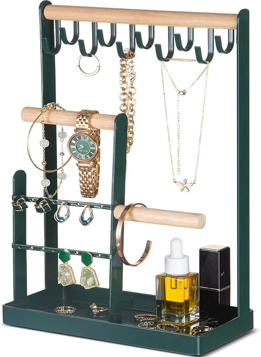 ProCase Jewelry Stand Holder Organizer, 4-Tier Necklace Holder with Ring Tray, 10 Hooks Necklaces Hanging Small Jewelry Display Storage Tower Tree for Bracelets Earrings Watches -Medium, Green