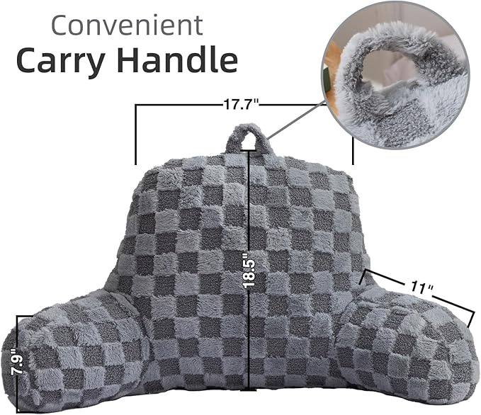 A Nice Night Faux Fur Reading Pillow,Checkered Fluffy Grid Plaid,Bed Wedge Pillow Large Adult Children Backrest with Arms for Bedrest,Grey