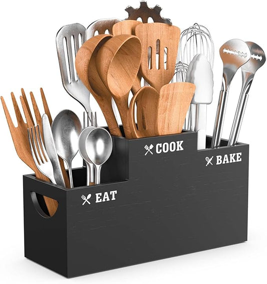Livelab Utensil Holder with 3 Compartments, Wooden Utensil Holder for Kitchen Counter Decor, Vintage Farmhouse Cooking Flatware Countertop Organizer for Silverware Fork Spoon Spatula | Black