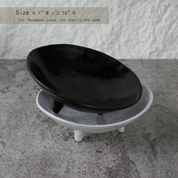 Wabi Sabi Footed Decorative Bowl, Multi-Purpose Small Ceramic Bowl, Vintage Rustic Boho Shelf Table Decor, Natural Black