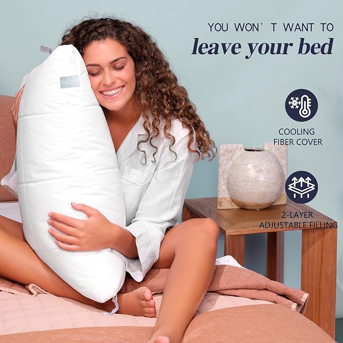 Nuzzle Pillows Queen Size Set of 4 Adjustable Pillows, Luxury Hotel Collection Bed Pillows – Best Adjust Height Soft Firm Pillows for Back, Stomach and Side Sleepers