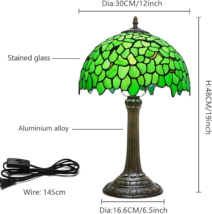 Tiffany Lamp Stained Glass Table Lamp 12X12X18 Inches Green Leaf Style Desk Reading Light Decor Beside Bedroom Living Room Home Festival Birthday Gift