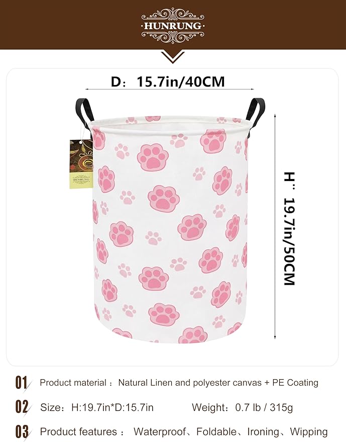 HUNRUNG Collapsible Fabric Storage Basket, Waterproof Laundry Hamper with Handles, Round Storage Bin for Clothes Toys, Foldable Organizer for Bedroom Nursery Bathroom(Round-Pink Paw)