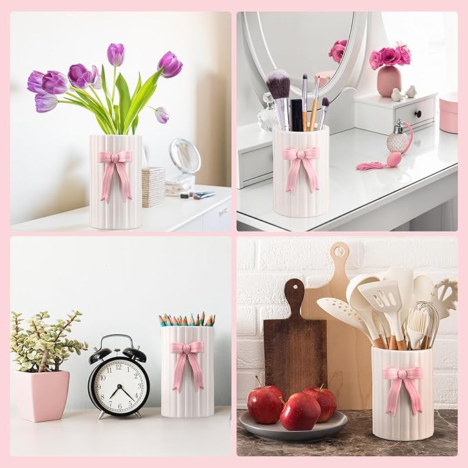 LemonRoad Pink Bow Ceramic Utensil Holder 3D Coquette Handmade Pink Kitchen Decor Mothers Day Kitchen Gifts Cooking Utensil Crock with Scalloped Preppy Caddy Pen Holder Vase for Countertop Spoon