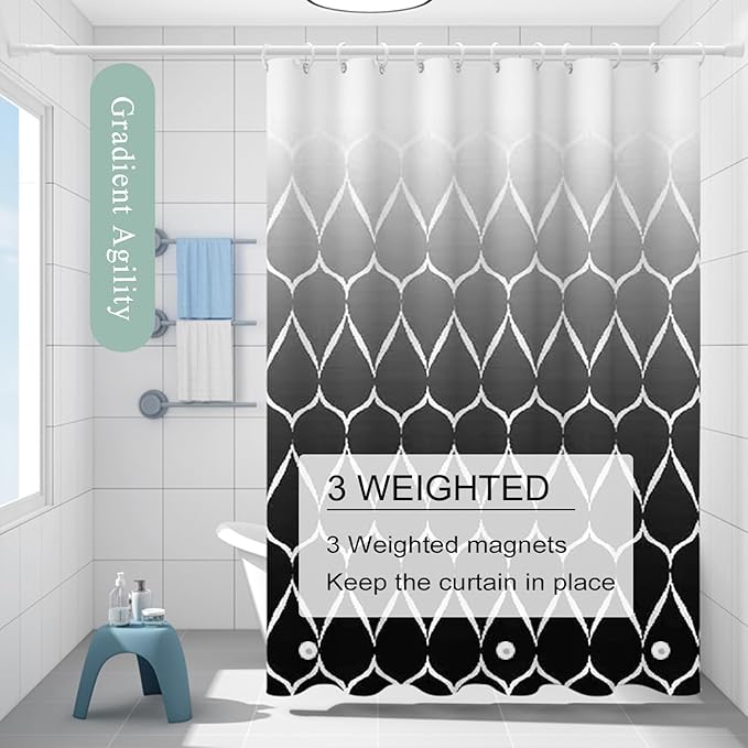 TIKABC Black Shower Curtain Liner, 4G PEVA Shower Liner, Plastic Peva Waterproof Shower Curtains, 72x72 inch with Grommet Holes 3 Magnetic Weights
