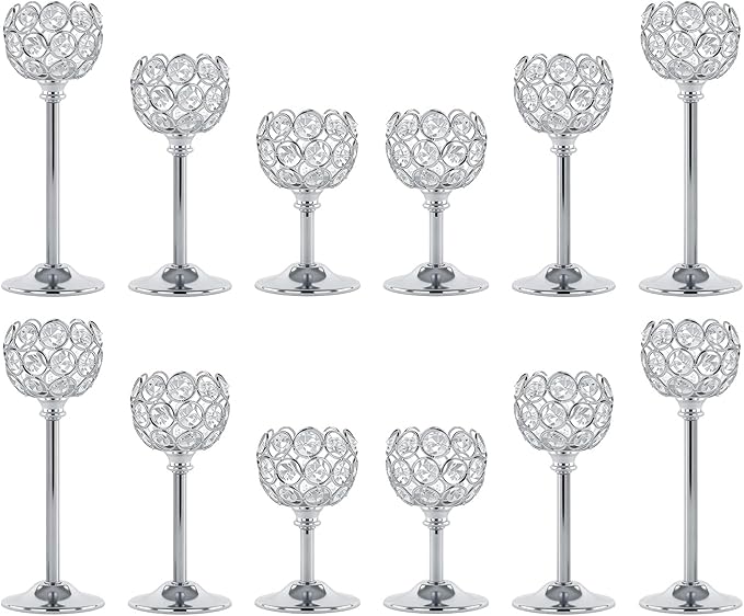 Crystal Candle Holders 4 Set of 12 - Sliver Vintage Hollow Ball Candle Stand for Table Centerpiece, Crystal Metal Tealight Candlestick for Wedding, Dining Room Decor