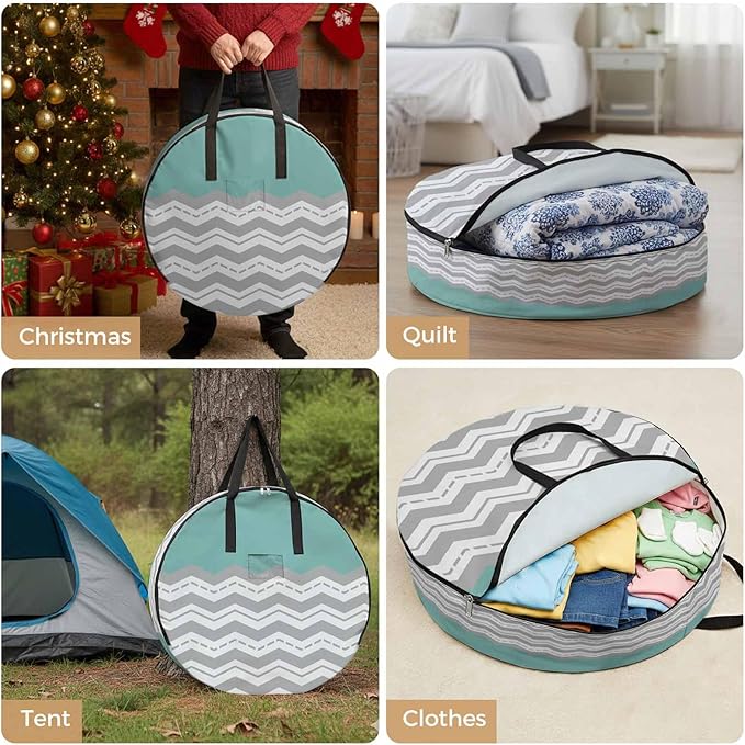 Storage Bag Turquoise Gray Waves Round Storage Totes Bins Closet Organizers with Zippers & Handle Chevron Stripe Clothes Storage Container for Bedroom Dorm Space Saving Packing Supplies Moving Bags