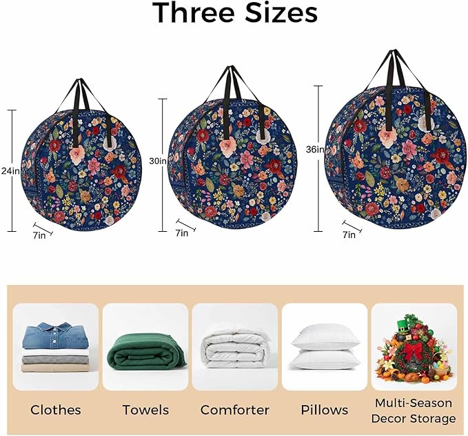 Storage Bag Navy Blue Floral Round Storage Totes Bins Closet Organizers with Zippers & Handle Farmhouse Vintage Flower Clothes Storage Container for Bedroom Dorm Space Saving Packing Supplies Bags