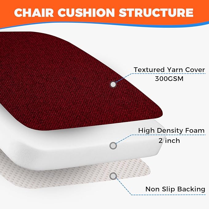 Sunsleek Chair Cushions for Dining Chairs, D-Shaped Seat Cushions with Removable Washable Cover and Ties, Chair Pads for Kitchen, Indoor Dining Room, Patio Chairs, 17'' x 16'', Set of 4, Red