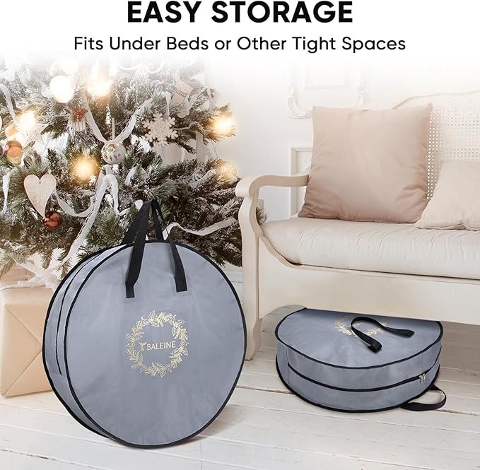 BALEINE 2 Pack Wreath Storage Container, Christmas Wreath Storage Bag with Reinforced Handle for Holiday Xmas (Grey, 30"X8")