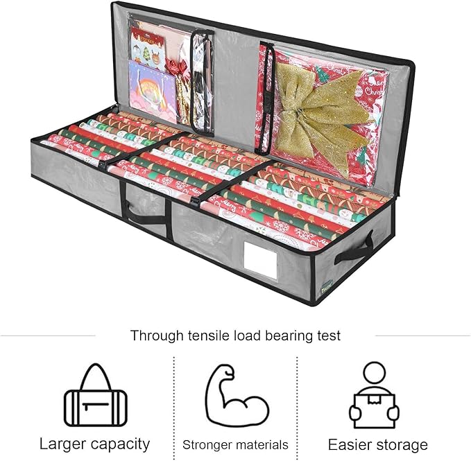Gift Wrapping Storage Box Christmas Wrapping Paper Storage Bag with Flexible Partitions Pockets Capacity Durable Handle Gift Wrap Organizer