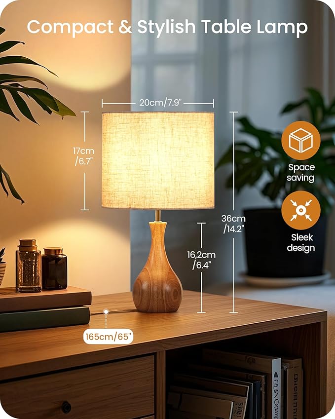 Small Table Lamp, Wood Desk Lamp with Beige Linen Lampshade & Natural Wood Bottle-Shaped Base, Modern Bedside Lamp with Cable, E26 Base, Bulb Not Included, for Bedroom, Kid's Room, ME09TL05