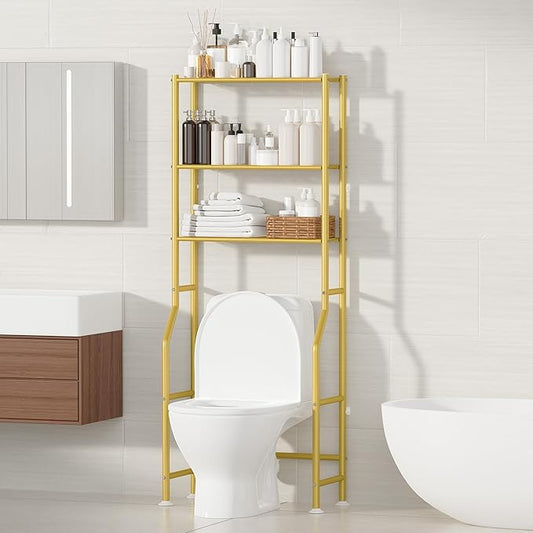 3-Tier Over The Toilet Storage, Freestanding Metal Bathroom Shelves, Space Saver Above The Over Toilet Storage Shelf for Bathroom (Gold)