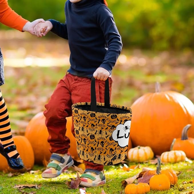 Personalized Halloween Trick or Treat Candy Bag with Name Custom Text Party Tote Bucket Halloween Candy Basket Gift (Bag-1)