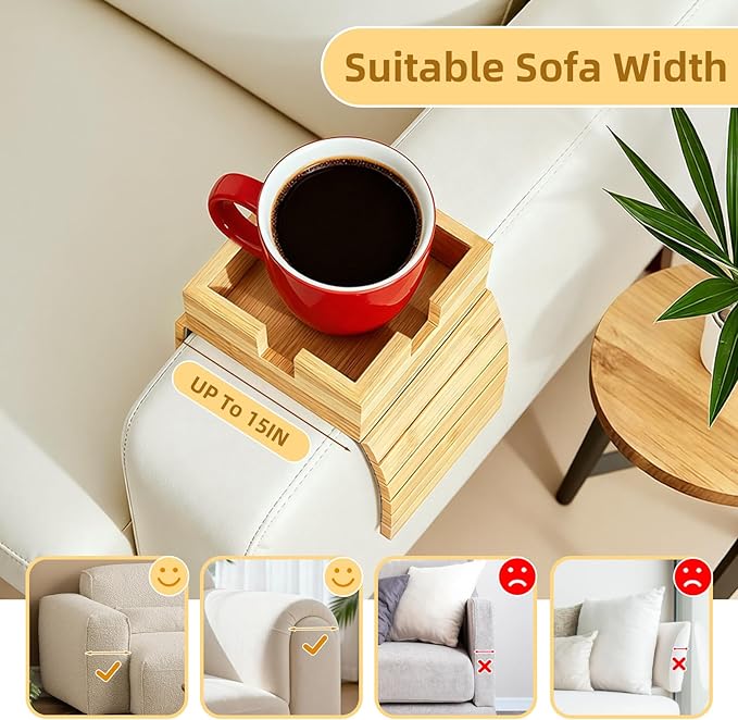Bamboo Couch Cup Holder - Non-Slip Couch Armrest Tray for Recliner, Loveseat for Caddy Table for Drinks Cellphone TV Remote Storage(Large)