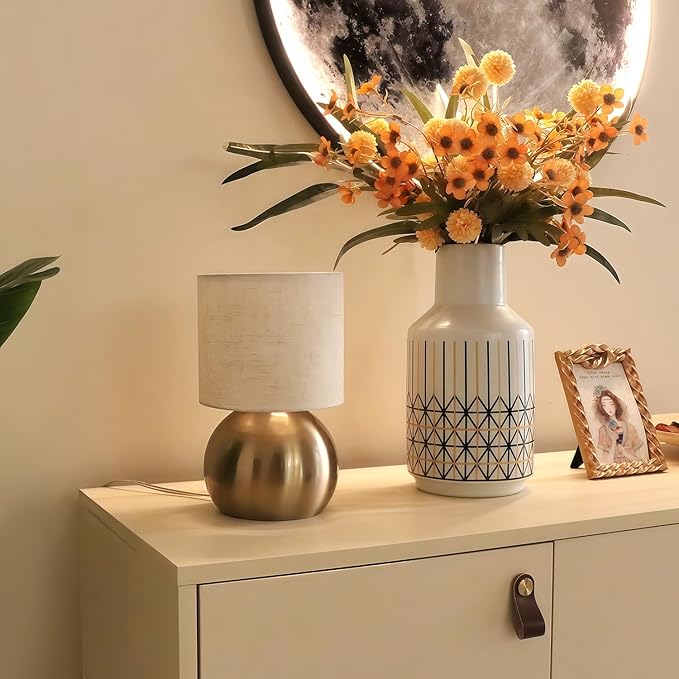Modern Golden Small Table Lamp with Cotton Linen Shade, 10.4-inch LED Desk Light, One-Button Switch for Bedroom, Living Room, Nightstand, Includes Warm Light Bulb