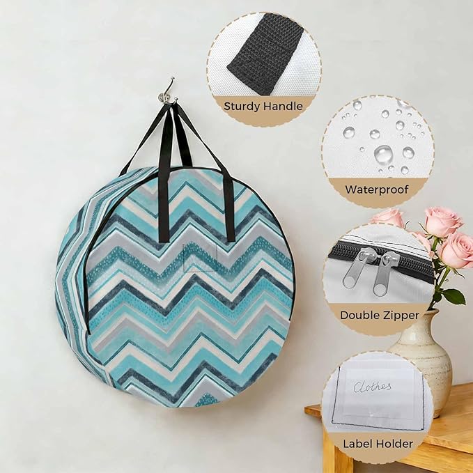 Storage Bag Aqua Turquoise Chevron Round Storage Totes Bins Closet Organizers with Zippers & Handle Geometric Design Stripe Clothes Storage Container for Bedroom Dorm Space Saving Packing Supplies