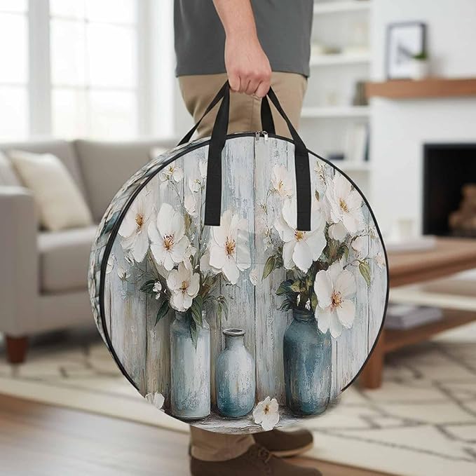 White Camellia Round Storage Bag 24 Inch, Spring Vintage Flower Oil Painting Style Wood Grain Clothes Storage Container with Handles Heavy Duty Organizer for Comforter, Bedding & Holiday Wreaths