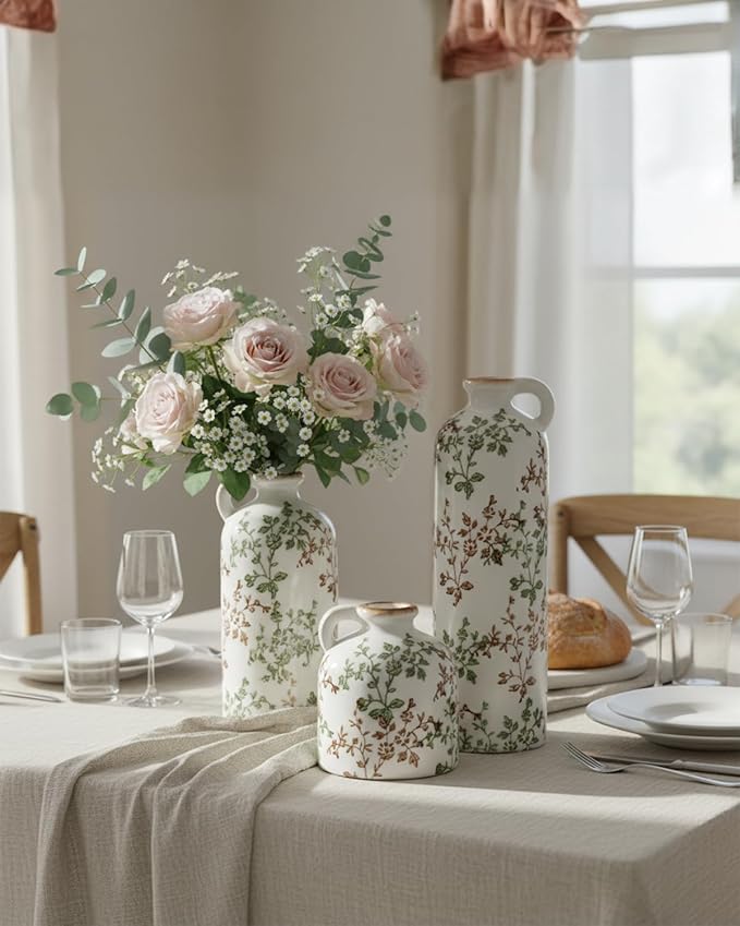 3-Piece Ceramic Jug Vase Set with Handles – Vintage Green Floral Crackle Glaze Decorative Vases for Home, Farmhouse Living Room, Shelf & Table Decor