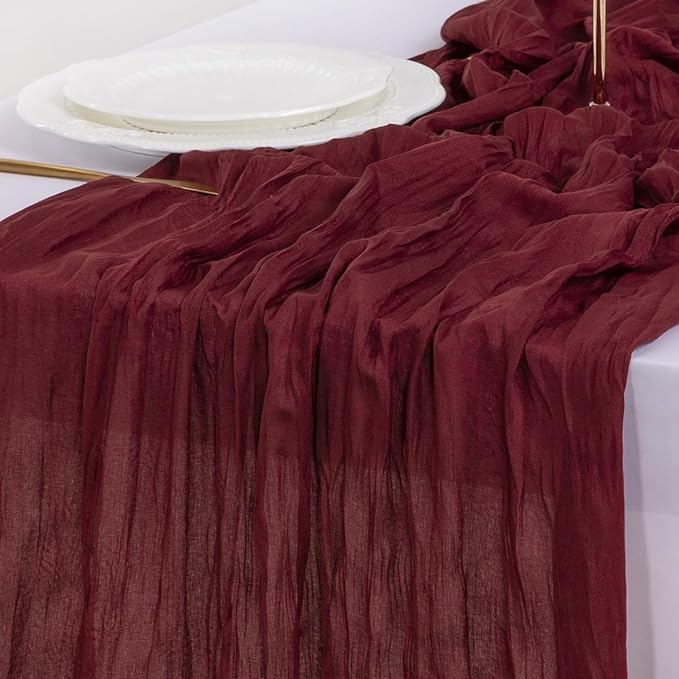 Socomi Burgundy Red Easter Spring Table Runner Cheesecloth Boho Rustic Gauze 120 inch 10FT Cheese Cloth Runner for Wedding Party Baby Shower Birthday Home Decor Holiday Decorations