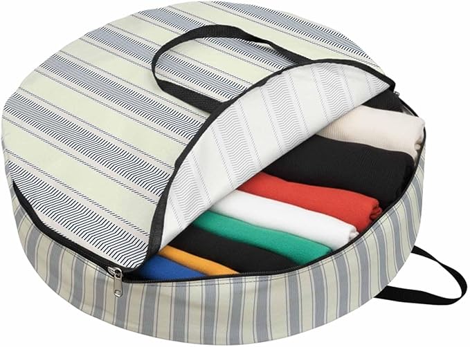 Storage Bag Blue Stripes Round Storage Totes Bins Closet Organizers with Zippers & Handle Vertical Striped Line Clothes Storage Container for Bedroom Dorm Space Saving Packing Supplies Moving Bags
