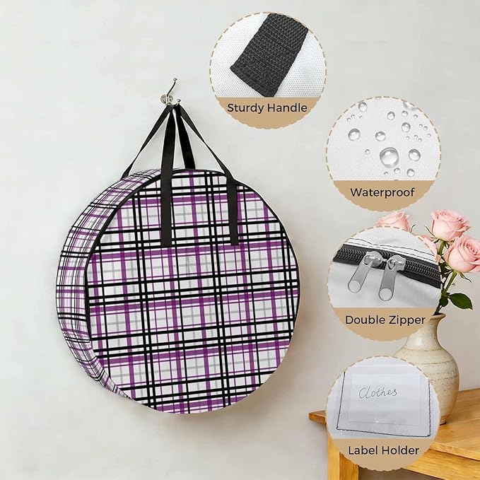 Storage Bag Purple Black Buffalo Plaid Round Storage Totes Bins Closet Organizers with Zippers & Handle Check Stripe Clothes Storage Container for Bedroom Dorm Space Saving Packing Supplies Bags
