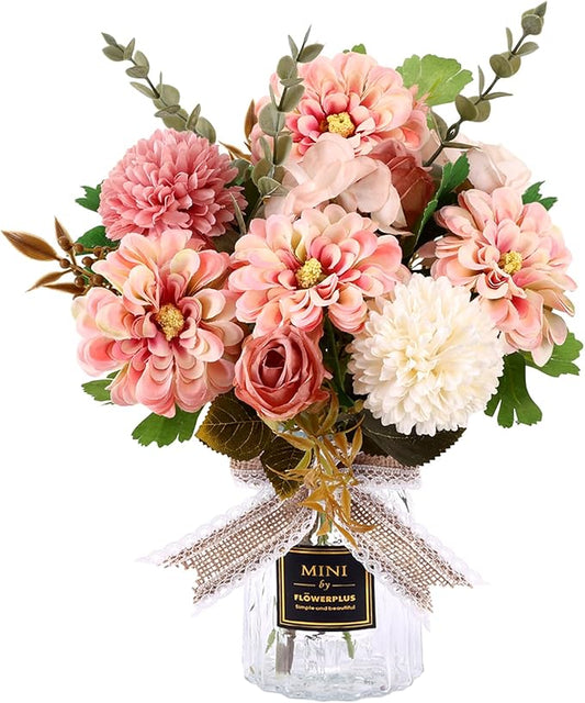 CEWOR Fake Flowers in Vase, Artificial Flowers with Vase Faux Silk Floral Arrangement Table Centerpieces Decor for Home Office Dining Farmhouse Coffee Table Living Room Bathroom Plant Decor (Pink)