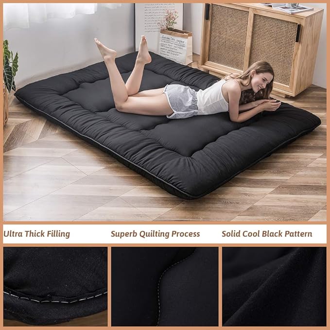 MAXYOYO Japanese Floor Mattress Futon Mattress, 4" Thicken Tatami Mat Sleeping Pad Foldable Roll Up Mat Boys Girls Dormitory Pad Kids Floor Lounger, Black, Full