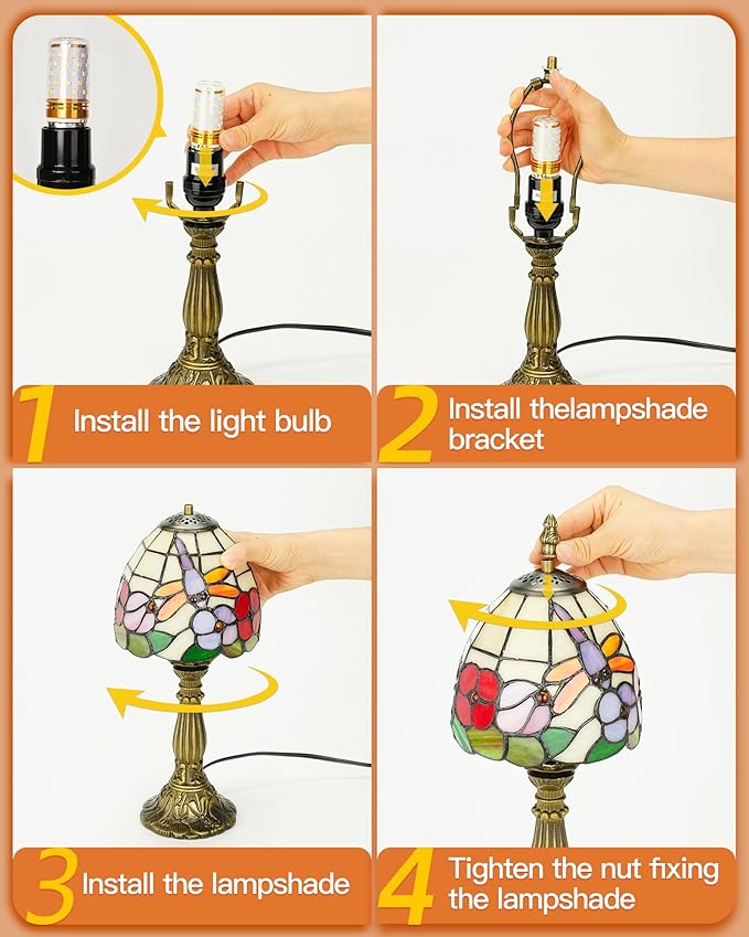 Small Tiffany Style Table Lamp, 5" Antique Stained Glass Lamp, Desk Bedside Table Night Lamp for Bedroom, Living Room, Office, Handcrafted Light (Dragonfly & Flower)