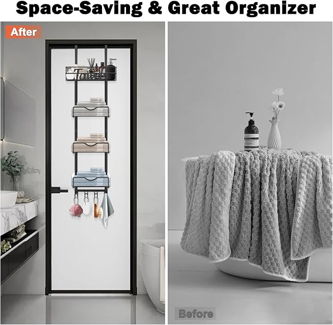 HarJue Over The Door Towel Racks, No Drill Towel Storage with Basket & Hooks, Space-Saving Multi-Functional Towel Holder for Bathrooms, bedrooms, Apartments, RVs (Matte Black, 5 Tier)