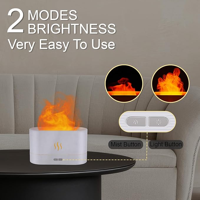 PIZAY Essential Oil Diffuser, Flame Air Humidifier with Fire Led Light - 2 Rightness, 180mL Capacity (8 Hours), Auto-Off Protection Air Diffuser for Home Bedroom Office Gifts(White)