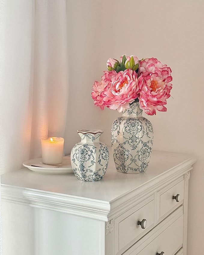Vintage Chinoiserie Ceramic Vase, Porcelain Decorative Flower Vase for Centerpiece Living Room Table Shelf, Retro Country Decor