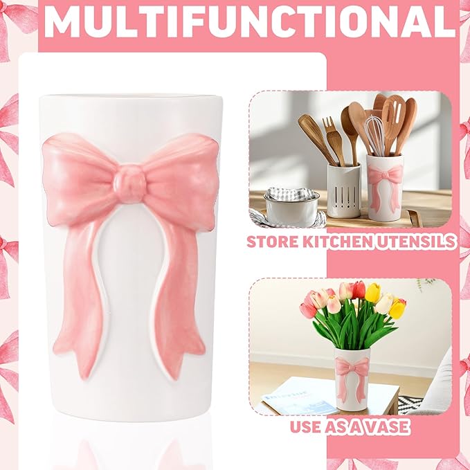 LemonRoad Pink Bow Ceramic Utensil Holder 3D Coquette Handmade Pink Kitchen Decor Mothers Day Kitchen Gifts Cooking Utensil Crock with Scalloped Preppy Caddy Pen Holder Vase for Countertop Spoon