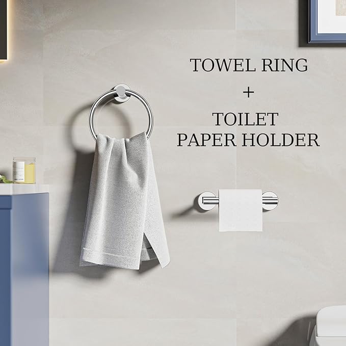 Toilet Paper Holder & Towel Holder, Bathroom Hardware Set-SUS304 Stainless Steel Double Post Pivoting Tissue Roll Holder and Hand Towel Ring Set for Bathroom, RV, Chrome