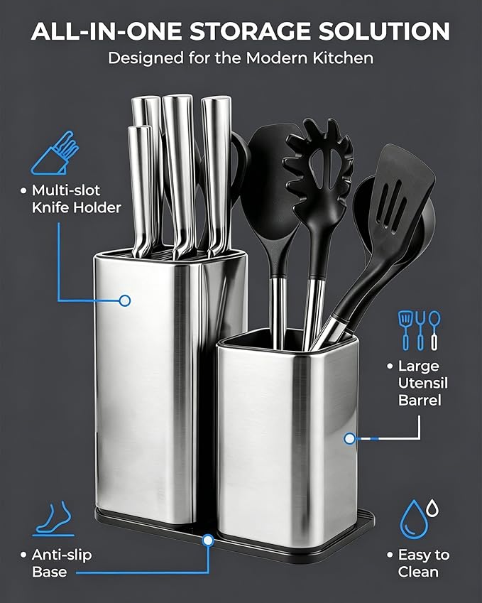 Universal Knife Block, 3-in-1 Stainless Steel Knife Holder and Utensil Holder, Extra Stable Non-Slip Base Kitchen Organizer for Countertop Storage, Space Saving Caddy for Knives, Spoons, Fork
