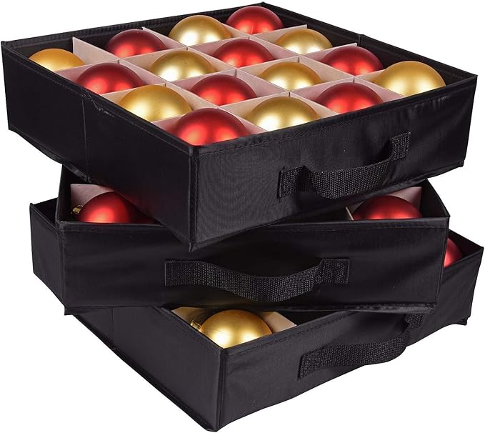 ProPik Christmas Ornament Storage Box, Organizer Holds Up to 48 Xmas Balls with 3 Separate Removable Trays, Container has Dividers to Organize Holiday Tree Ornaments (Red)