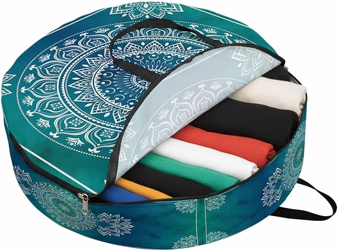 Storage Bag Teal Blue Boho Round Storage Totes Bins Closet Organizers with Zippers & Handle Gorgeous Bohemian Flower Clothes Storage Container for Bedroom Dorm Space Saving Packing Supplies Bags