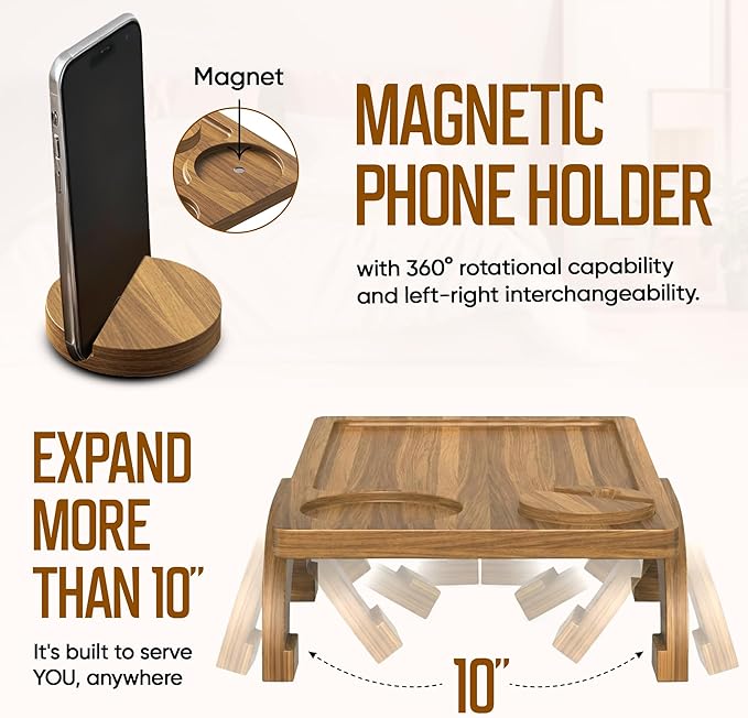 Acacia Wood Sofa Arm Tray - 3-in-1 Couch Arm Table with Phone Holder, Cup Placer & Foldable Tray - Armrest Clip-On Design for Couch with 360° Rotated Phone Holder