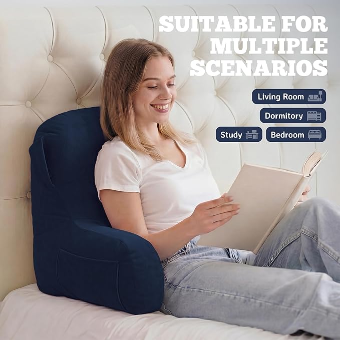 Unisakey Portable Comfy Reading Pillows for Bed Sitting Up(Royal Blue Oeko-Tex), Velvet Back Pillow with Arms & Pockets for Adults, Support Memory Foam Bed Pillow for Dorm/Reading/Watching/Gaming