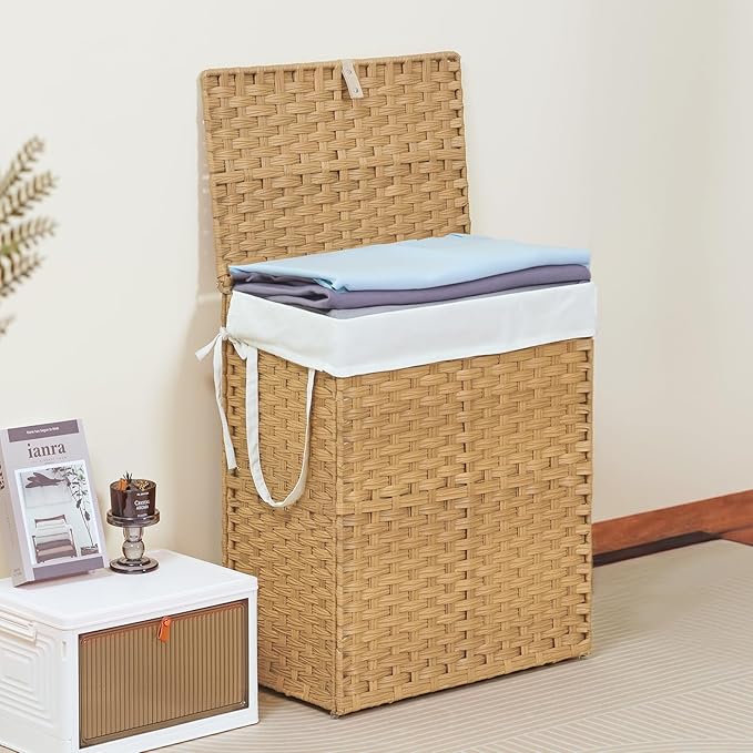 DUMOS Woven Laundry Basket with Lid, Large Capacity Hamper, Removable & Machine-Washable Liner, Foldable Rattan Clothes Hamper, Sturdy Steel Frame, Odor Control, Goose Yellow (24 Gallon)
