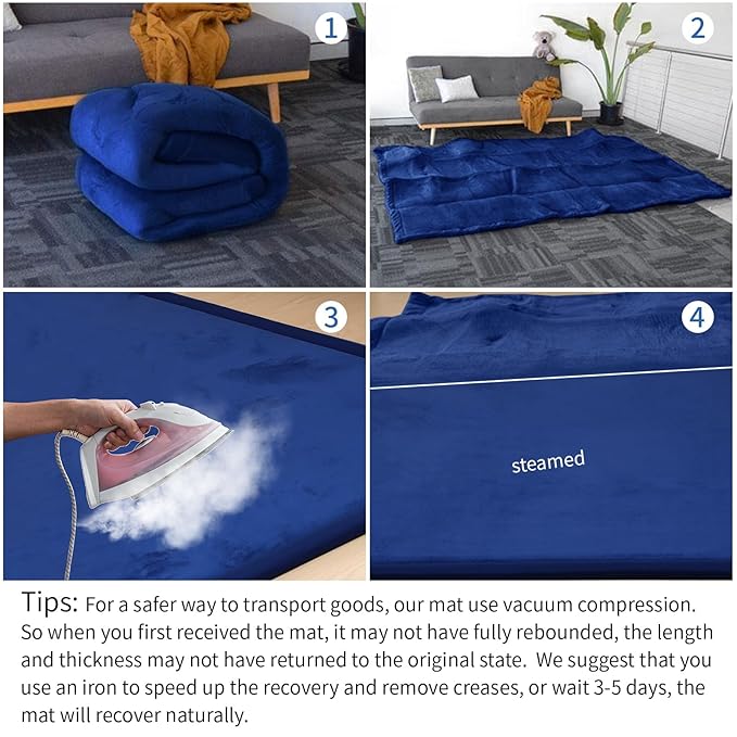Huloo Sleep Ultra Soft Baby Play Mat for Floor, 1.3" Thick Elasti-Foam 59x59 Play Mat for Playpen,Water-Repellent Coral Velvet for Tummy Time, Non-Slip Backing,Safe for Toddlers & Infants（Dark Blue）
