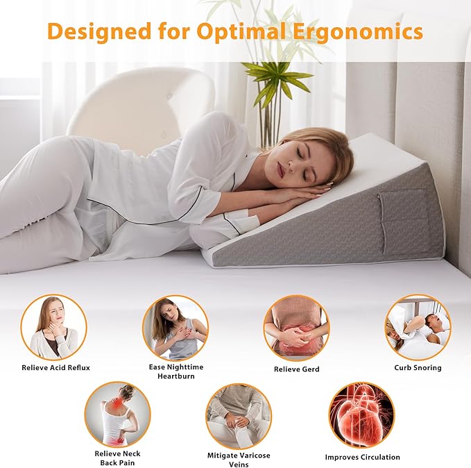 Ruqmuis Wedge Pillow for Sleeping, 12" Bed Wedge Pillow for Headboard, Triangle Incline Wedges for Acid Reflux, Pillows Wedge for Back Pain Relief, Elevated Leg Pillows After Surgery, Snoring, White