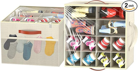 Aokeyee 2 Pack Shoe Organizer for Closet, Foldable Shoe Storage Organizer Box w/Clear Cover and Reinforced Handles, Space Saving Shoes Bin Fits up to 32 Pairs, Beige