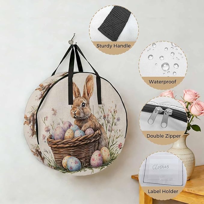 30 Inch Round Storage Bag 1 Pack,Rabbit Easter Egg Basket on Linen Waterproof Wreath Storage Container with Handles&Zipper Colorful Spring Flower Closet Organizer Bags Garland Box
