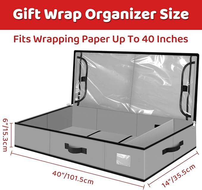 Fabspace Christmas Wrapping Paper Storage Containers, 40 Inch Gift Wrap Organizer, Visible Supplies Pockets for Xmas Accessories, Underbed Storage for Christmas Decorations, Grey