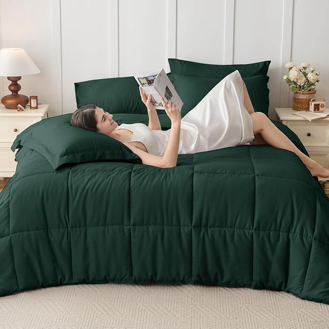 JOLLYVOGUE California King Comforter Set, Ultra-Soft Bed in a Bag Cal King Size 7 Pieces, Oeko-TEX Certified Bedding Set with Down Alternative Comforter, Sheets, Pillowcases & Shams, Emerald Green