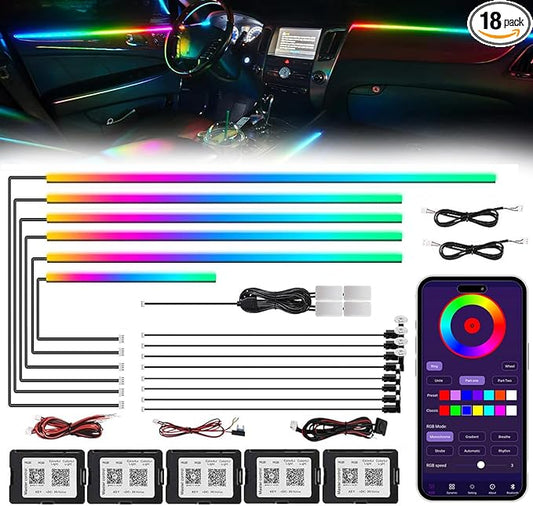 Acrylic Interior Car LED Strip Light with Wireless APP, RGB 18 in 1 with 175 inches 593 LEDs Fiber Optic Ambient Lighting Kits, 16 Million Colors Sound Active Function Car Neon Lights