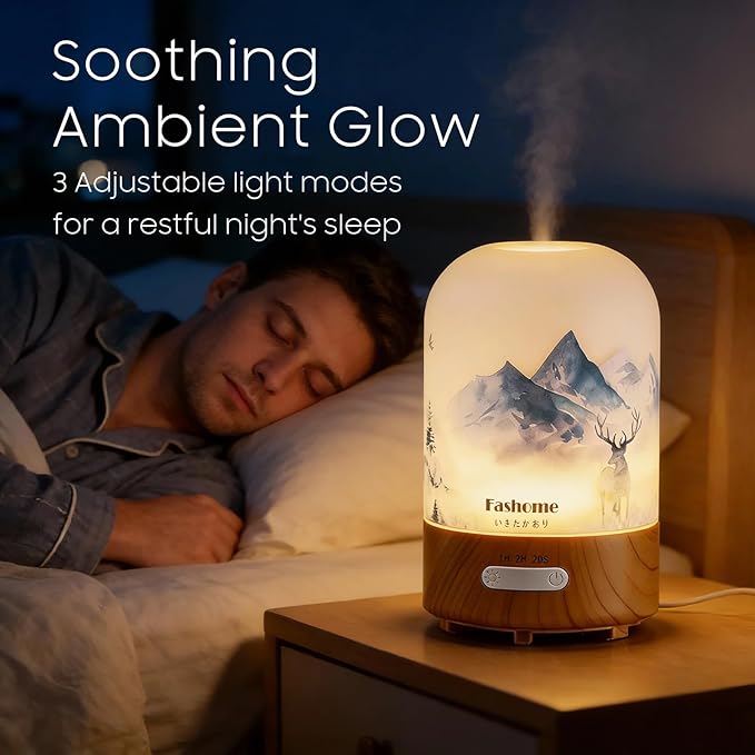 Essential Oil Diffuser, Hand Blown Glass Aromatherapy Diffuser, Ultrasonic Cool Mist Scent Aroma Humidifier, Diffuser Oil Machine Whisper Quiet with Auto Shut-Off for Home Bedroom Office(<25dB)
