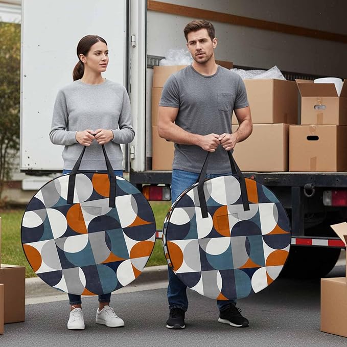 Storage Bag Mid Century Geometric Round Storage Totes Bins Closet Organizers with Zippers & Handle Abstract Modern Orange Blue Clothes Storage Container for Bedroom Dorm Space Saving Packing Supplies