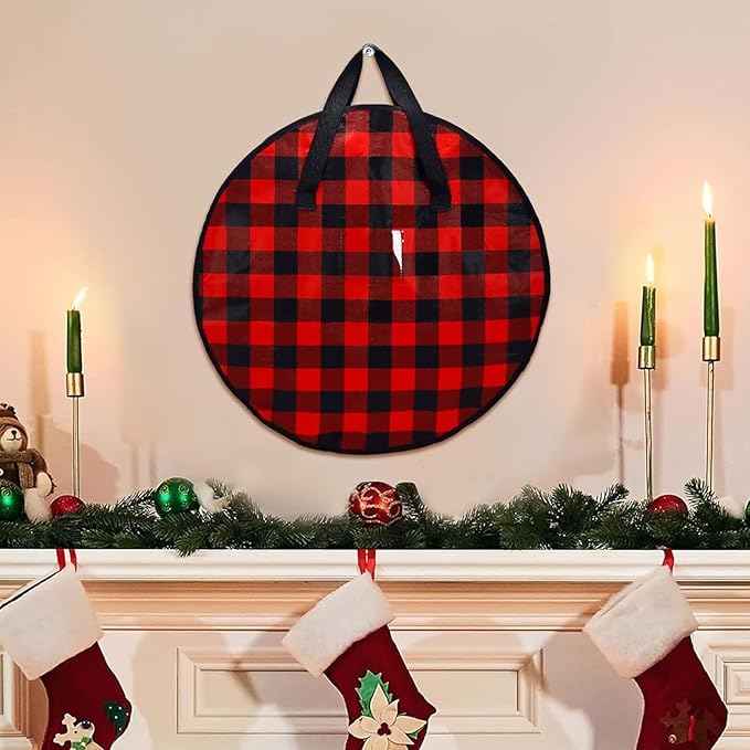 Wreath Storage Bag | Plaid Organizer,Zippered Wreath Container with Handle,for Home Dorm Basement Closet Garage College Attic Holiday Christmas